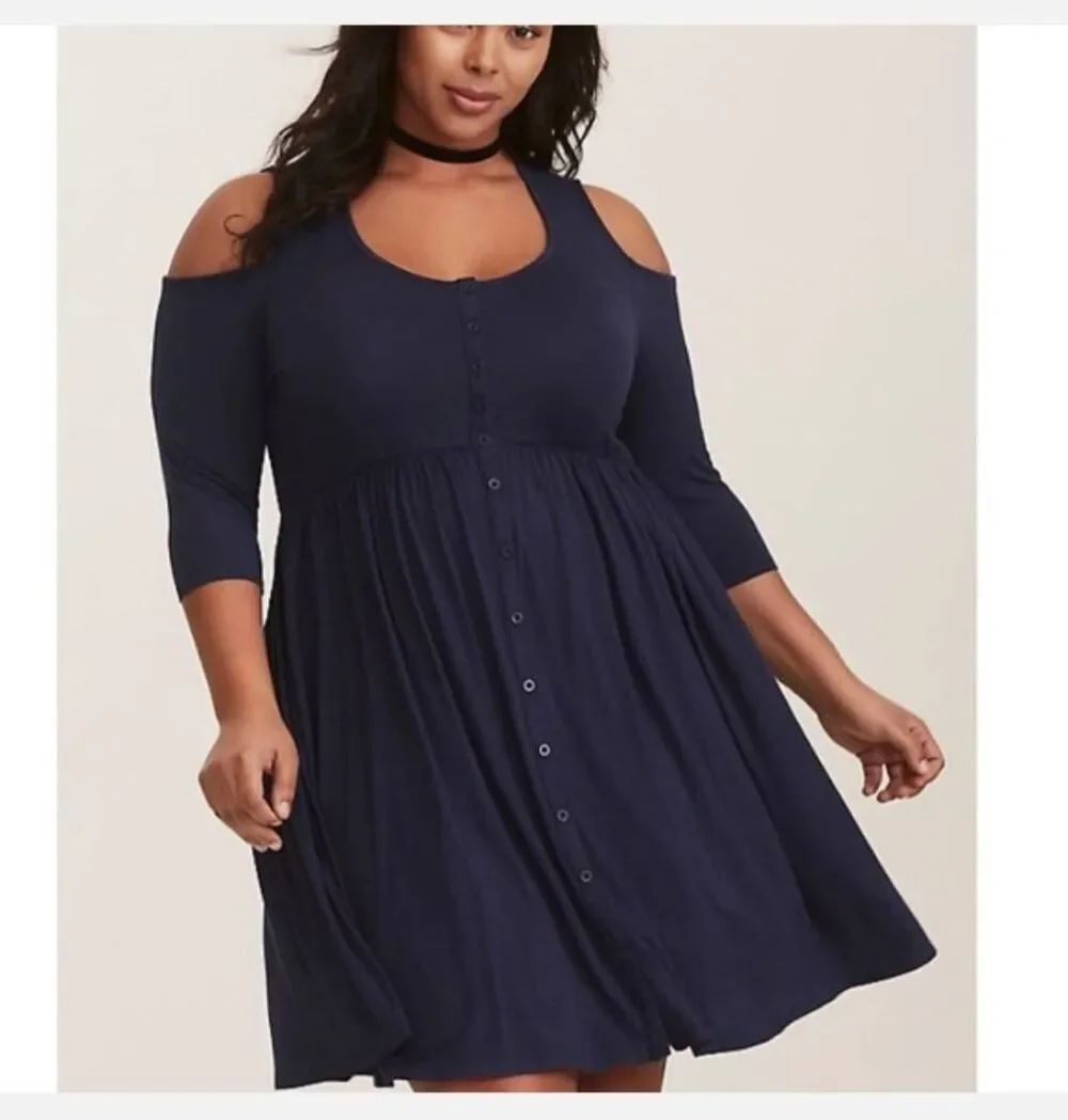 Torrid Navy Cold Shoulder Button Front Fit & Flare Dress Sz 2 2X Knee Length